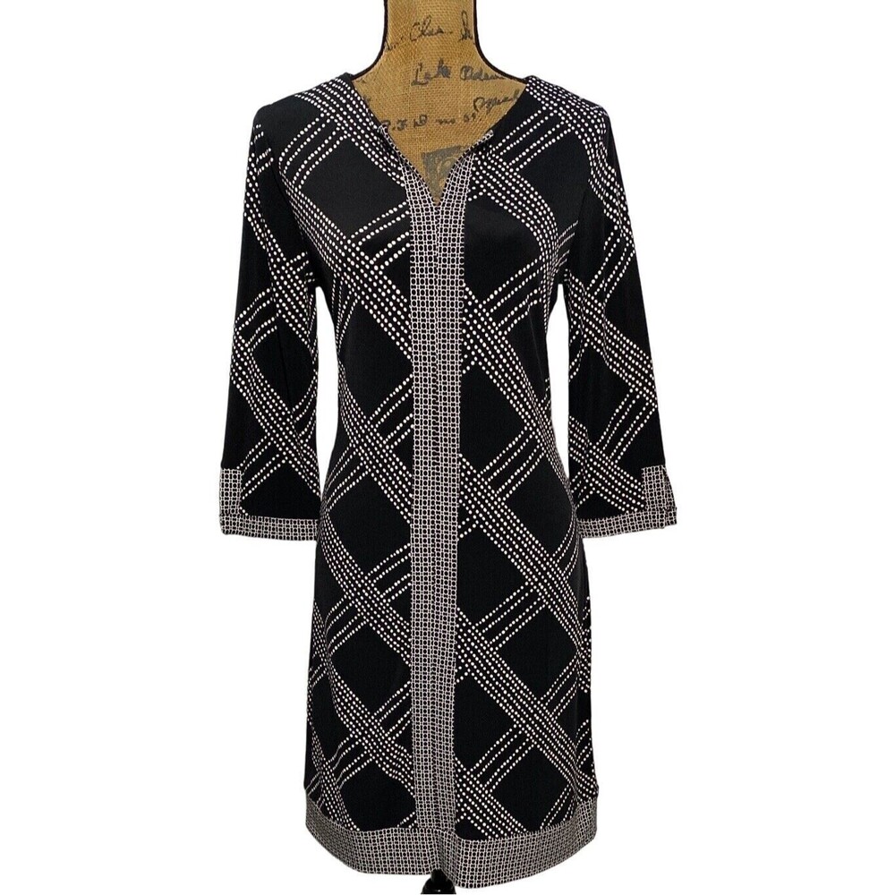 Ann Taylor Dress SMALL White Black Geo Polka Dot Jersey Knit 3/4 Sl Stretch